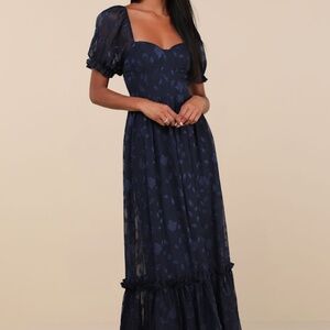 Lulus Phenomenal Sweetness Navy Floral Burnout Bustier Maxi Dress Blue - Size L